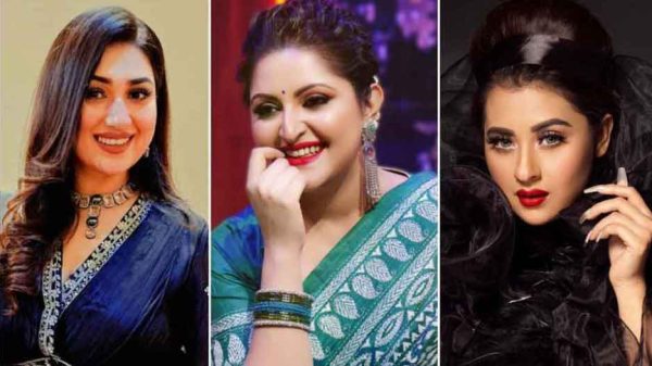 বাম থেকে ঢালিউড চিত্রনায়িকা অপু বিশ্বাস, পরীমণি ও শবনম বুবলী। ছবি: সংগৃহীত