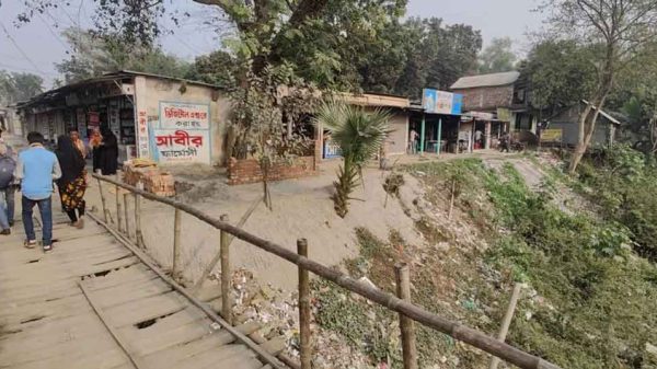 "প্রকৃতির ওপর মানুষের দখলদারি—ব্রহ্মপুত্রের তীরে অবৈধ দোকানপাট।"