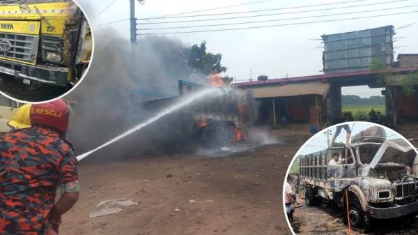কালীগঞ্জে আগুনে পুড়লো দু'টি ট্রাক ২ জন অগ্নিদগ্ধ ১ জনকে যশোরে রেফার্ড