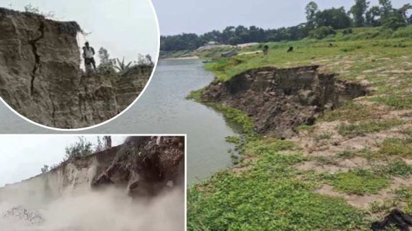 ব্রহ্মপুত্র নদের পাড়ে বুলগেট ড্রেজার বসিয়ে চলছে অবৈধ বালু উত্তোলন — ফসলি জমি হারিয়ে দিশেহারা কৃষক পরিবার।