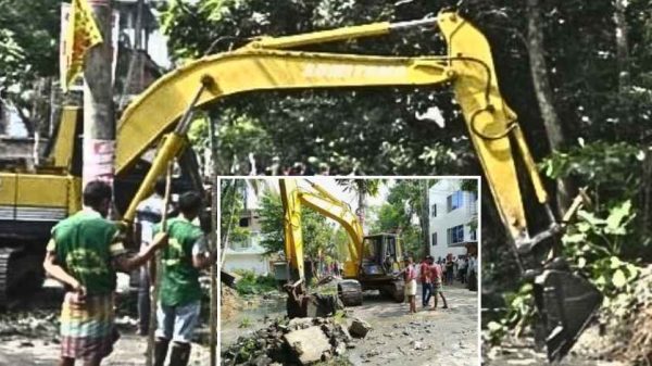 পিরোজপুরে ভাড়ানি খাল পুনঃখনন ও অবৈধ স্থাপনা উচ্ছেদ অভিযান চলছে।