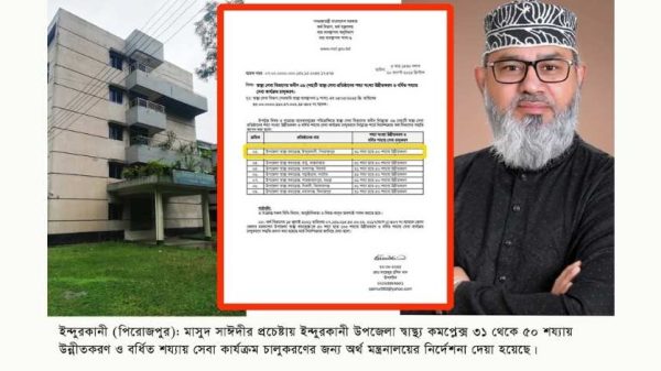 পিরোজপুরের ইন্দুরকানী উপজেলা স্বাস্থ্য কমপ্লেক্স মাসুদ সাঈদীর উদ্যোগে ৩১ থেকে ৫০ শয্যায় উন্নীত হয়েছে। স্থানীয়রা বলছেন, এ উদ্যোগে জনস্বাস্থ্যে নতুন সম্ভাবনা সৃষ্টি হয়েছে।