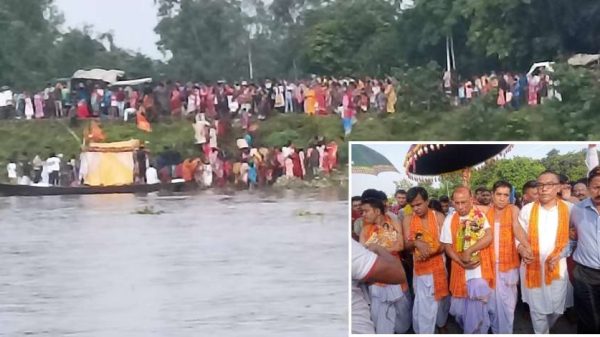 ঐতিহাসিক কান্তজী মন্দির থেকে শ্রী রাধাকৃষ্ণের যুগল বিগ্রহ কড়া নিরাপত্তায় নৌপথে দিনাজপুর রাজবাড়ীতে গমন করেছে। প্রায় তিন শত বছরের এই ঐতিহ্যে হাজারো ভক্তের সমাগম ঘটে।