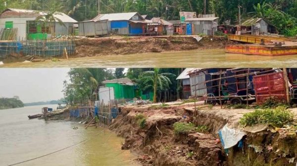 পিরোজপুরের কাউখালীতে সন্ধ্যা নদীর ভাঙনে ফেরিঘাট এলাকায় ২০টি দোকান বিলীন, ঝুঁকিতে আরও ৩০টি। দ্রুত সমাধান দাবি স্থানীয়দের।