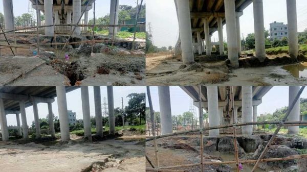 নারায়ণগঞ্জের তৃতীয় শীতলক্ষ্যা সেতুর পিলারের নিচে মাটি কাটার ফলে সৃষ্ট ঝুঁকিপূর্ণ এলাকা