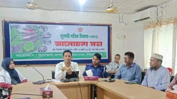 জিয়ানগর উপজেলা পরিষদ হলরুমে জুলাই শহীদ দিবস উপলক্ষে আয়োজিত আলোচনা সভায় উপস্থিত অতিথি ও অংশগ্রহণকারীরা