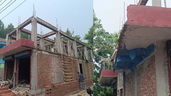 ঝিনাইদহের মহেশপুর পৌরসভায় নকশা জালিয়াতির অভিযোগে রাস্তা দখল করে নির্মাণাধীন ভবনের চিত্র।